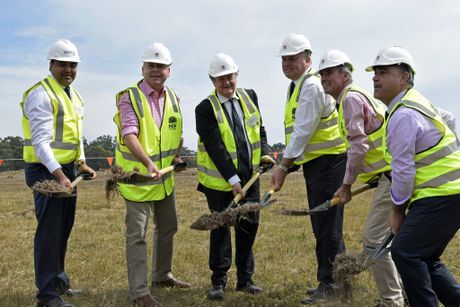 Serco CEO Mark Irwin, Minister for Planning Anthony Roberts, Luke Grant from Corrective Services NSW, Minister for Corrections David Elliot, State Member for Clarence Chris Gulaptis and NSW Deputy Premier John Barilaro turn the first sods for the new Graqfton jail at Lavadia.