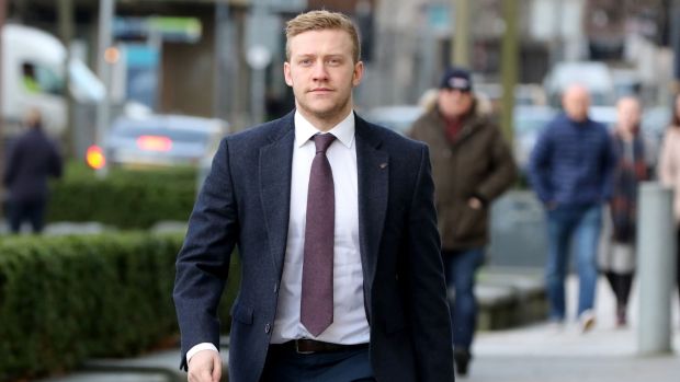 Ulster and Ireland rugby player Stuart Olding arrives at court in Belfast on Monday. Paul Faith?AFP/Getty Images.