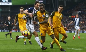 West Brom’s Jay Rodriguez tangles with Brighton’s No3, Gaëtan Bong, during the game at which the alleged incident occurred.