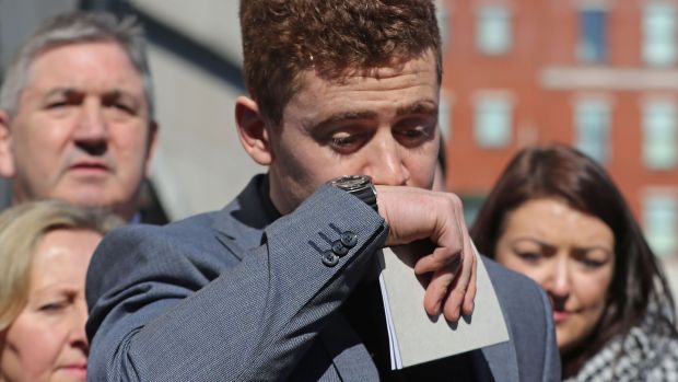 Ireland and Ulster rugby player Paddy Jackson speaking outside Belfast Crown Court after he was found not guilty of rape. Photograph: Niall Carson/PA Wire