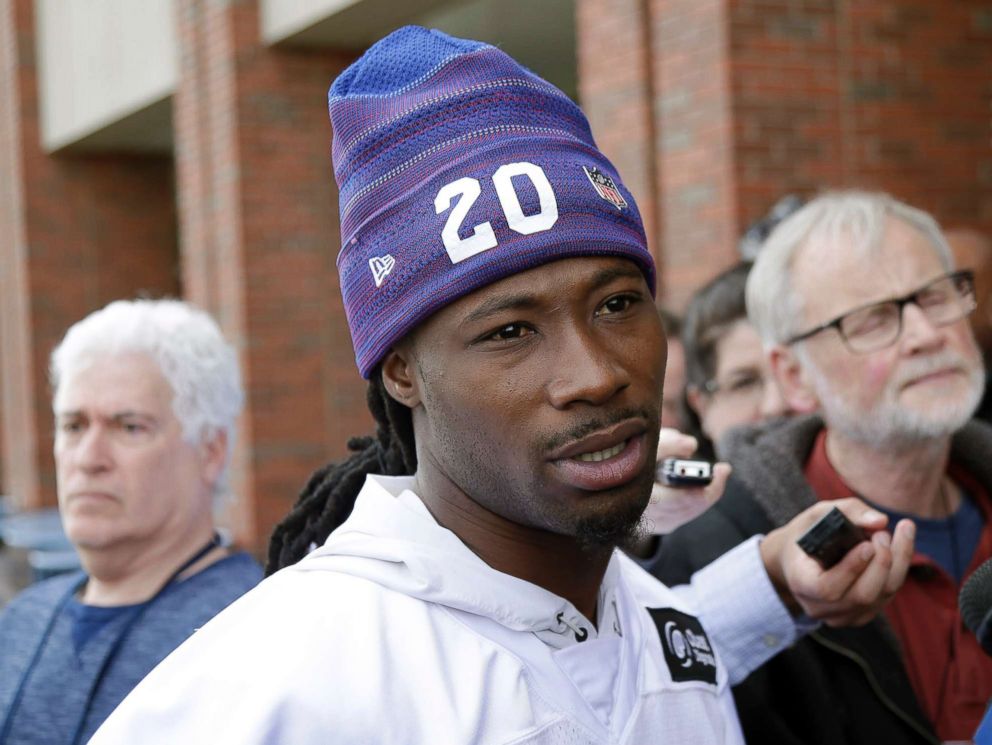 PHOTO: New York Giants Janoris Jenkins speaks to reporters before an NFL football training camp in East Rutherford, N.J., April 24, 2018.