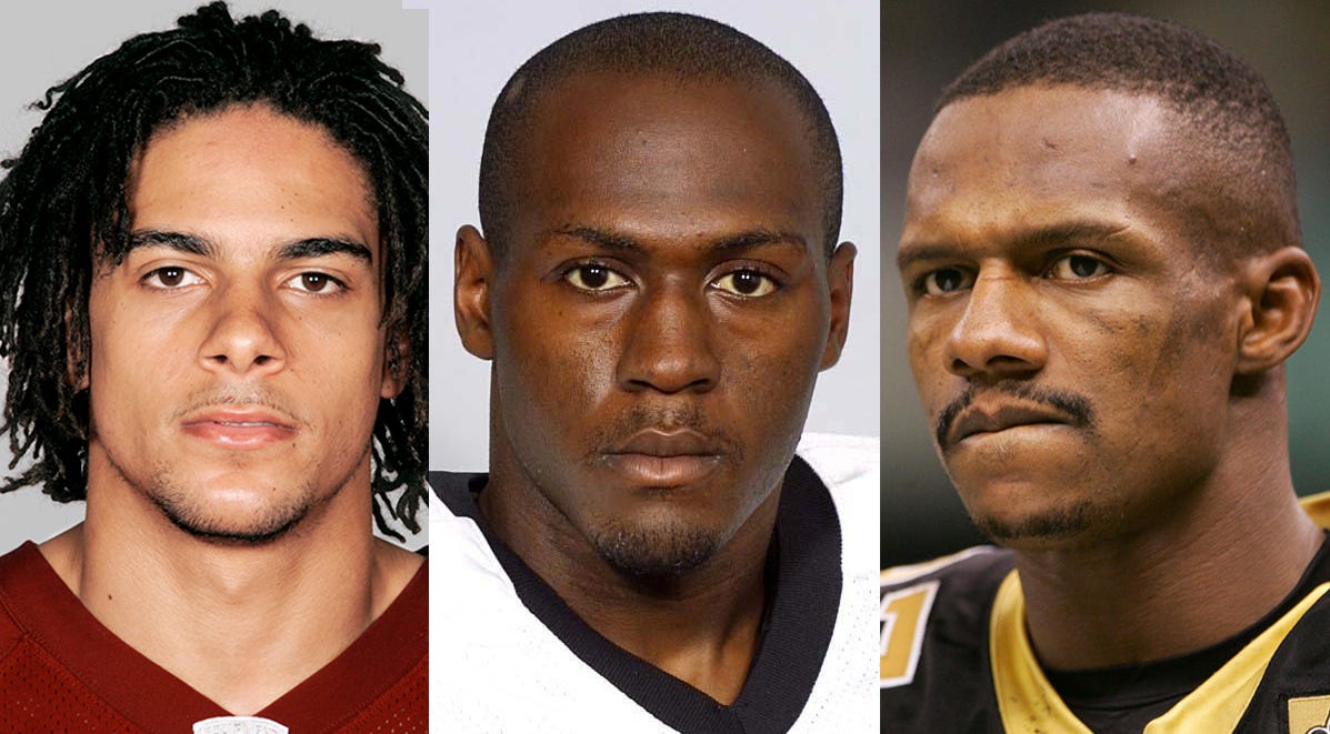 From left: John Eubanks, Etric Pruitt and Joe Horn. These are three of 10 former NFL players who are charged in a nationwide scheme to defraud a health care benefit program.