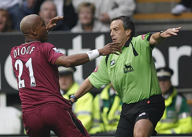 Diouf had to be restrained by the assistant referee while celebrating a goal against Newcastle