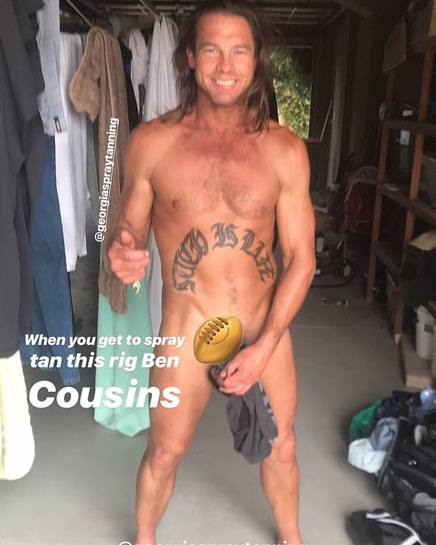 During the interview, Ben Cousins recalled the story behind this nude photo of him after a spray tan that went viral on social media. 'I was trying to get a root,' Cousins said