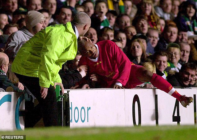 Diouf fell into the stands while chasing the ball during Liverpool's UEFA Cup game with Celtic