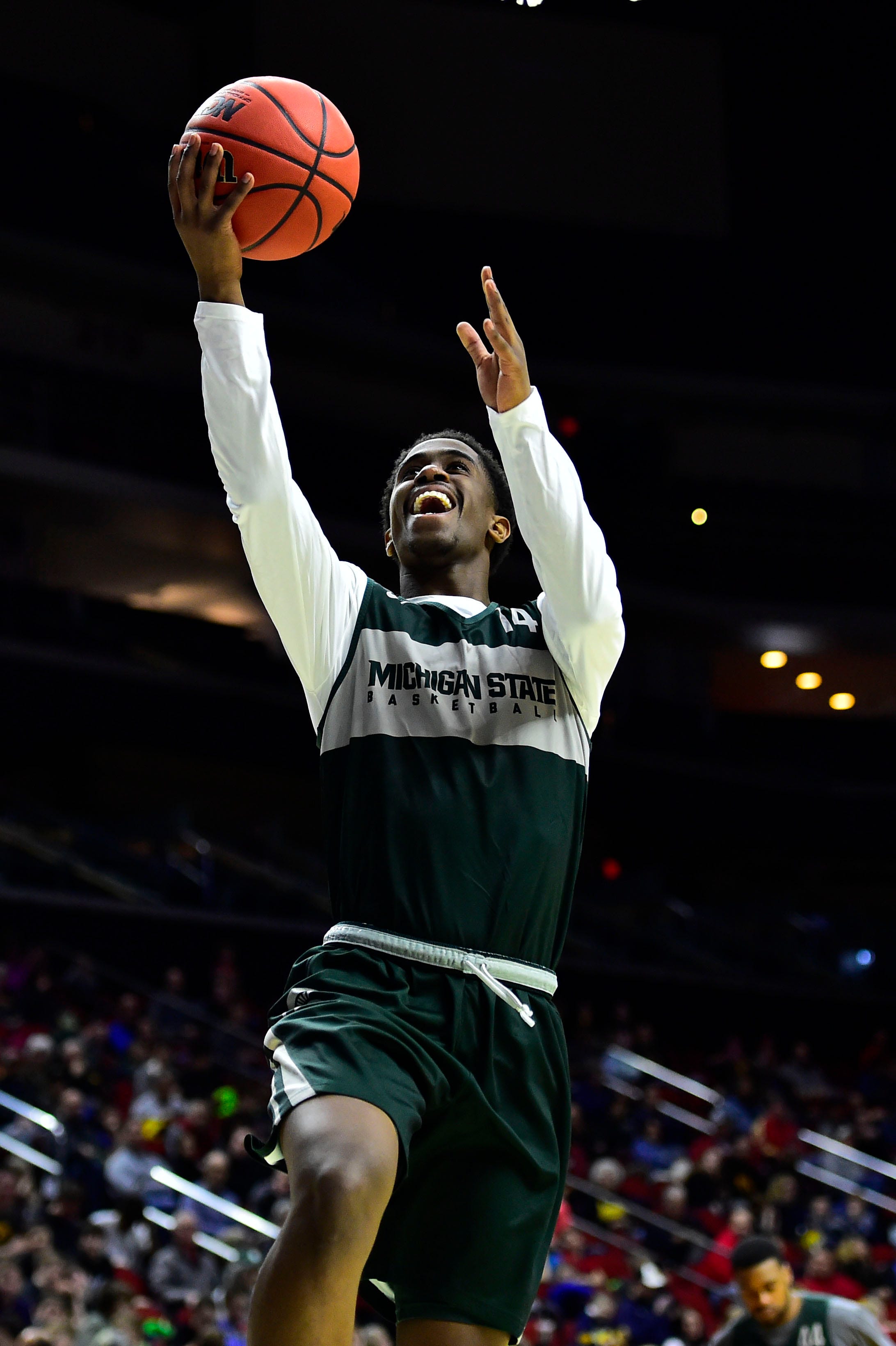 Mar 20, 2019; Des Moines, IA, USA; Michigan State Spartans guard Brock Washington (14) shoots the ball during practice before the first round of the 2019 NCAA Tournament at Wells Fargo Arena. Mandatory Credit: Jeffery Becker-USA TODAY Sports