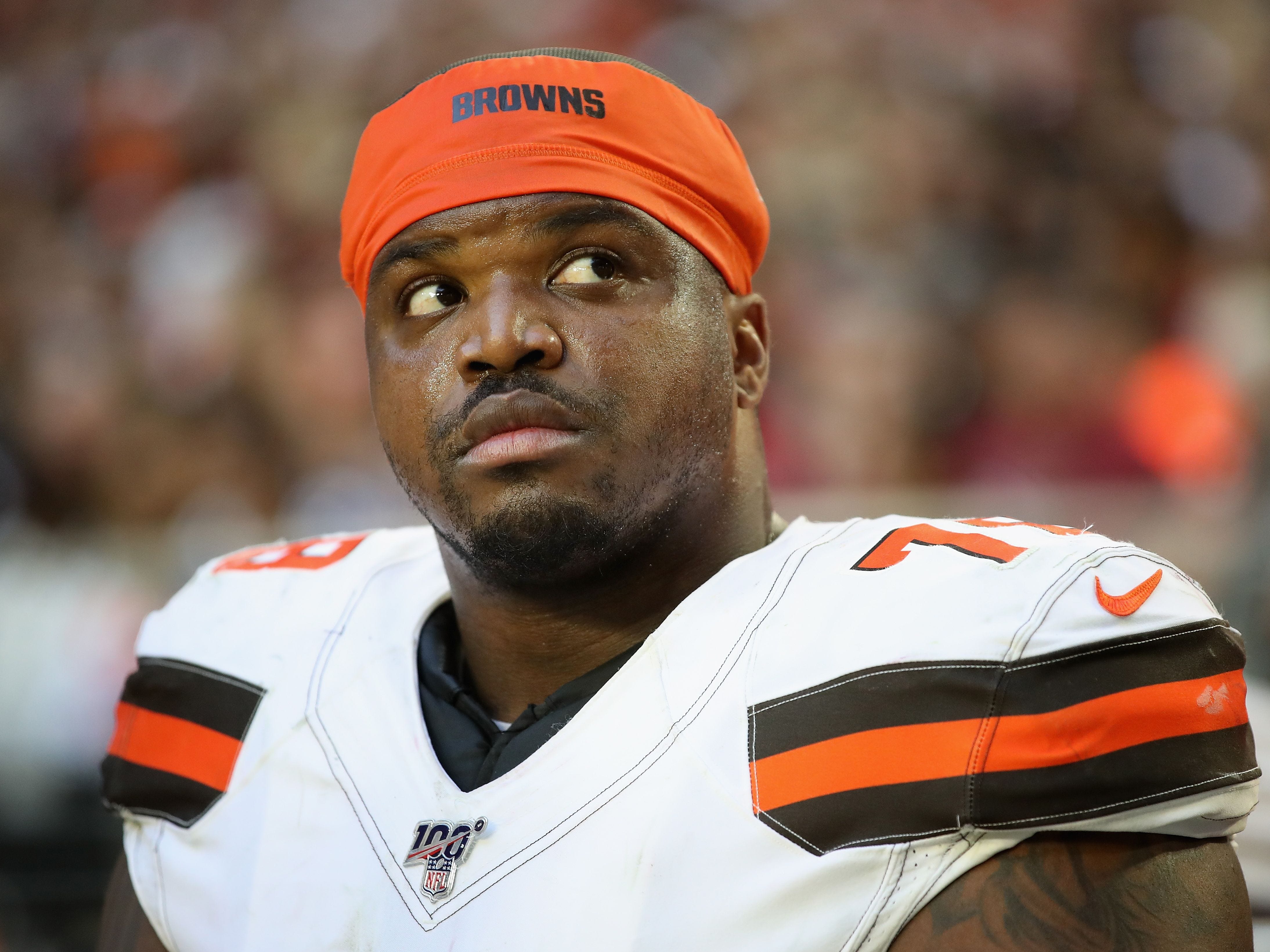 GLENDALE, ARIZONA - DECEMBER 15: Offensive tackle Greg Robinson #78 of the Cleveland Browns on the bench during the second half of the NFL game against the Arizona Cardinals at State Farm Stadium on December 15, 2019 in Glendale, Arizona. The Cardinals defeated the Browns 38-24. (Photo by Christian Petersen/Getty Images)