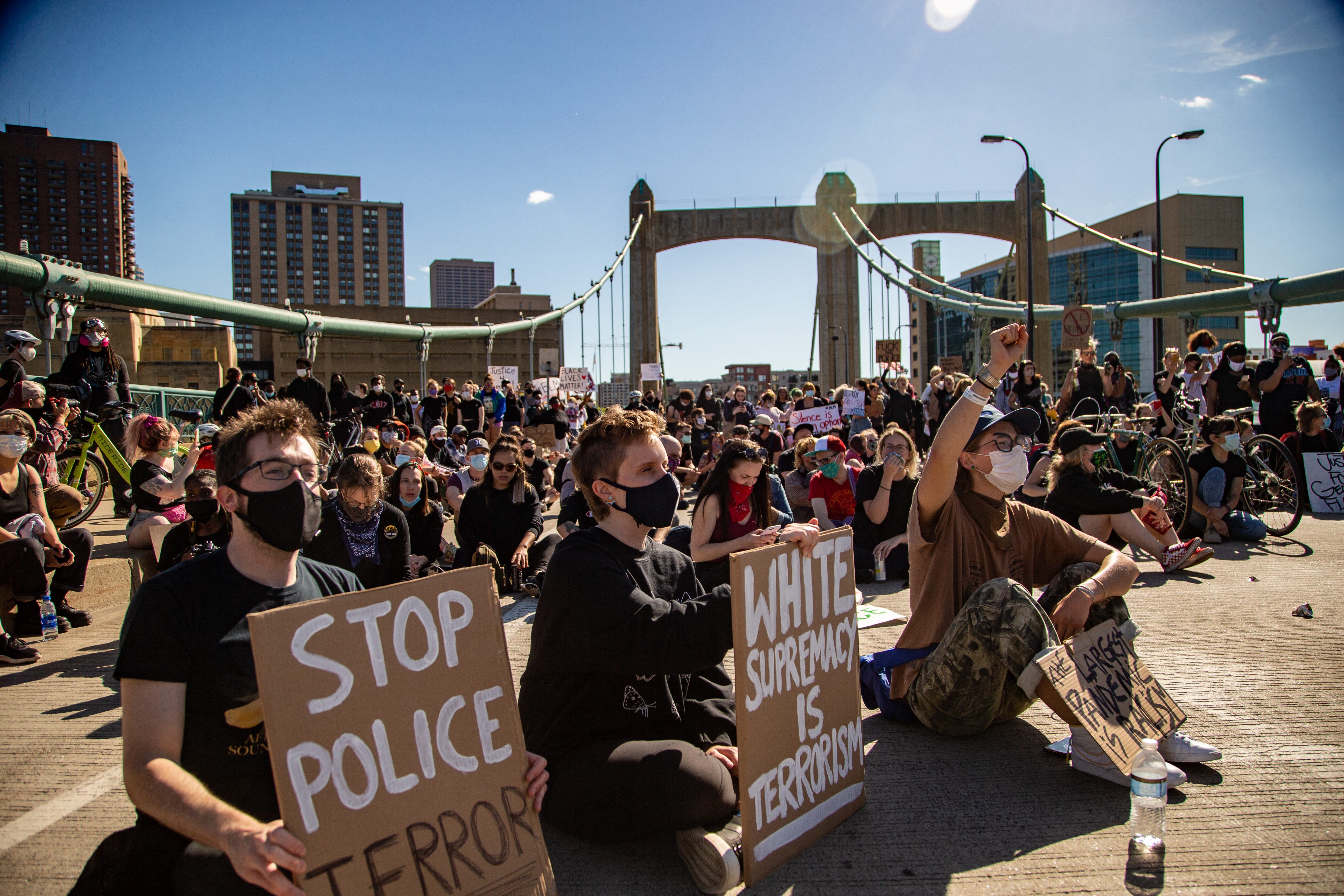 Hundreds of Protestors take over the Hennepin Ave. bridge Friday, May 29, 2020. Protests continued around the city following the death of George Floyd, a black man who died in police custody.