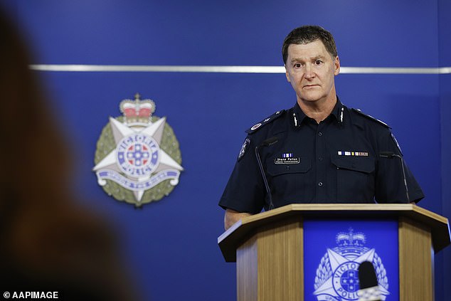 Deputy Commissioner Shane Patton, Regional Operations, speaks to the media at the Victoria Police Centre in Melbourne on Monday. He apologised to Laidley for the leak of his images from a police station