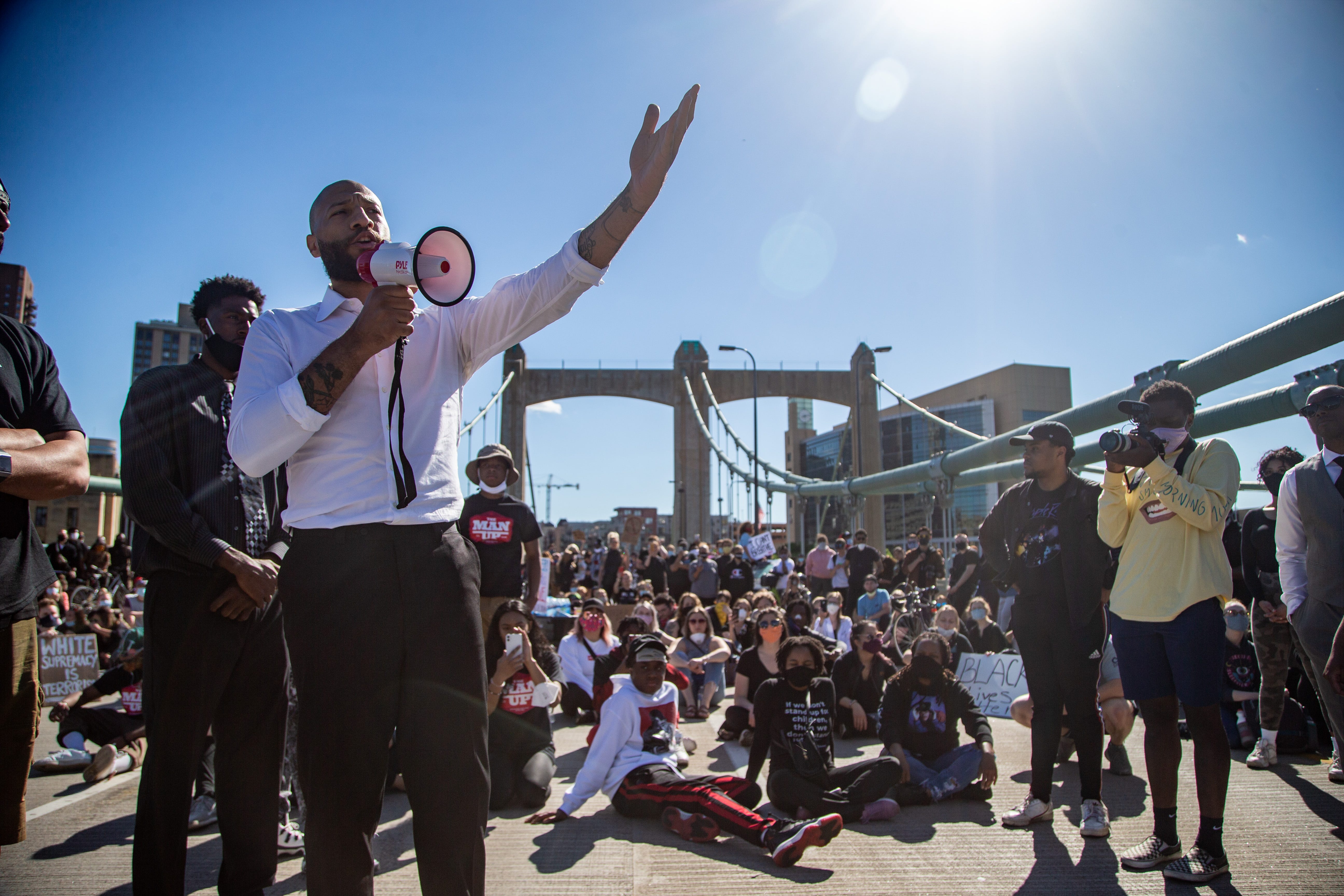 Former Iowa State Basketball player Royce White speaks as peaceful protestors take over the Hennepin Ave. Bridge Friday, May 29, 2020. Protests continued around the city following the death of George Floyd, a black man who died in police custody.