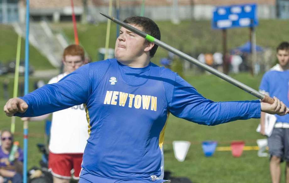 Peter Manfredonia, when he was a sophomore at Newtown High School, throws the javelin at the O'Grady Relays track meet at Danbury High School on Saturday, April 27, 2013 Photo: Hearst Connecticut Media File Photo / The News-Times Freelance