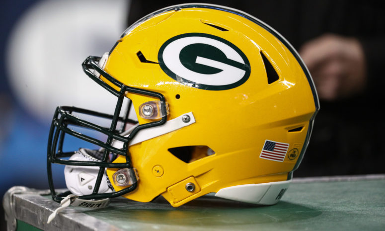 A closeup of a Green Bay Packers football helmet.