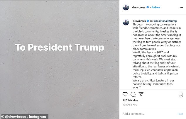 On Instagram, Brees on Friday posted a graphic showing a gray box with the words ‘To President Trump’ written in the middle