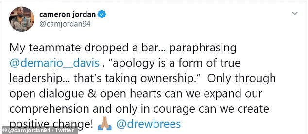 Jordan responded to Davis, tweeting: 'Only through open dialogue & open hearts can we expand our comprehension and only in courage can we create positive change!'