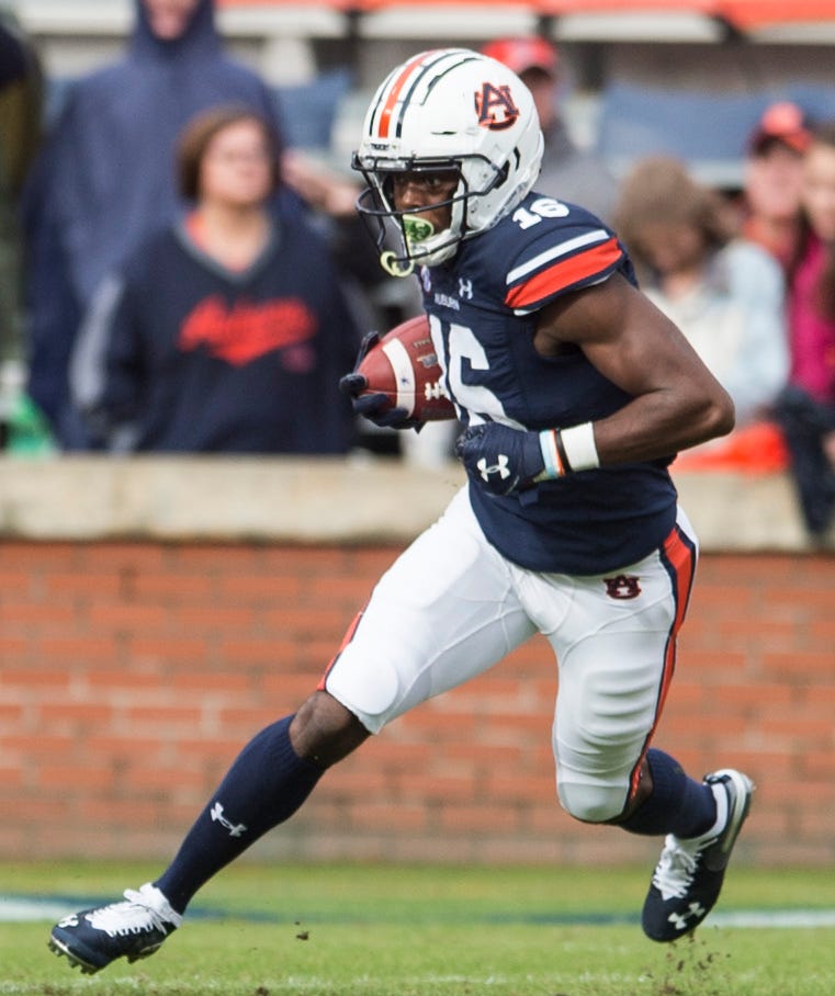 Auburn wide receiver Jashawn Sheffield (16) runs the ball at Jordan-Hare Stadium in Auburn, Ala., on Saturday, Nov. 23, 2019. Auburn defeated Samford 52-0. 