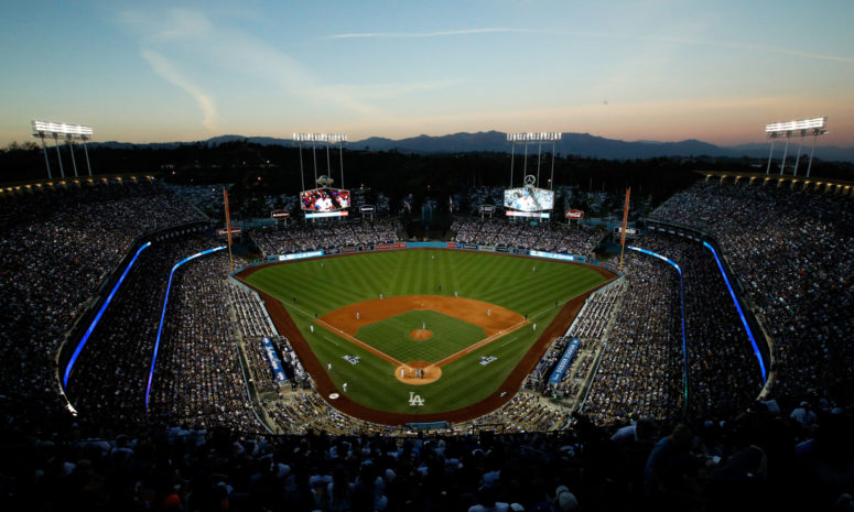 A general view of Dodger stadium at dusk.